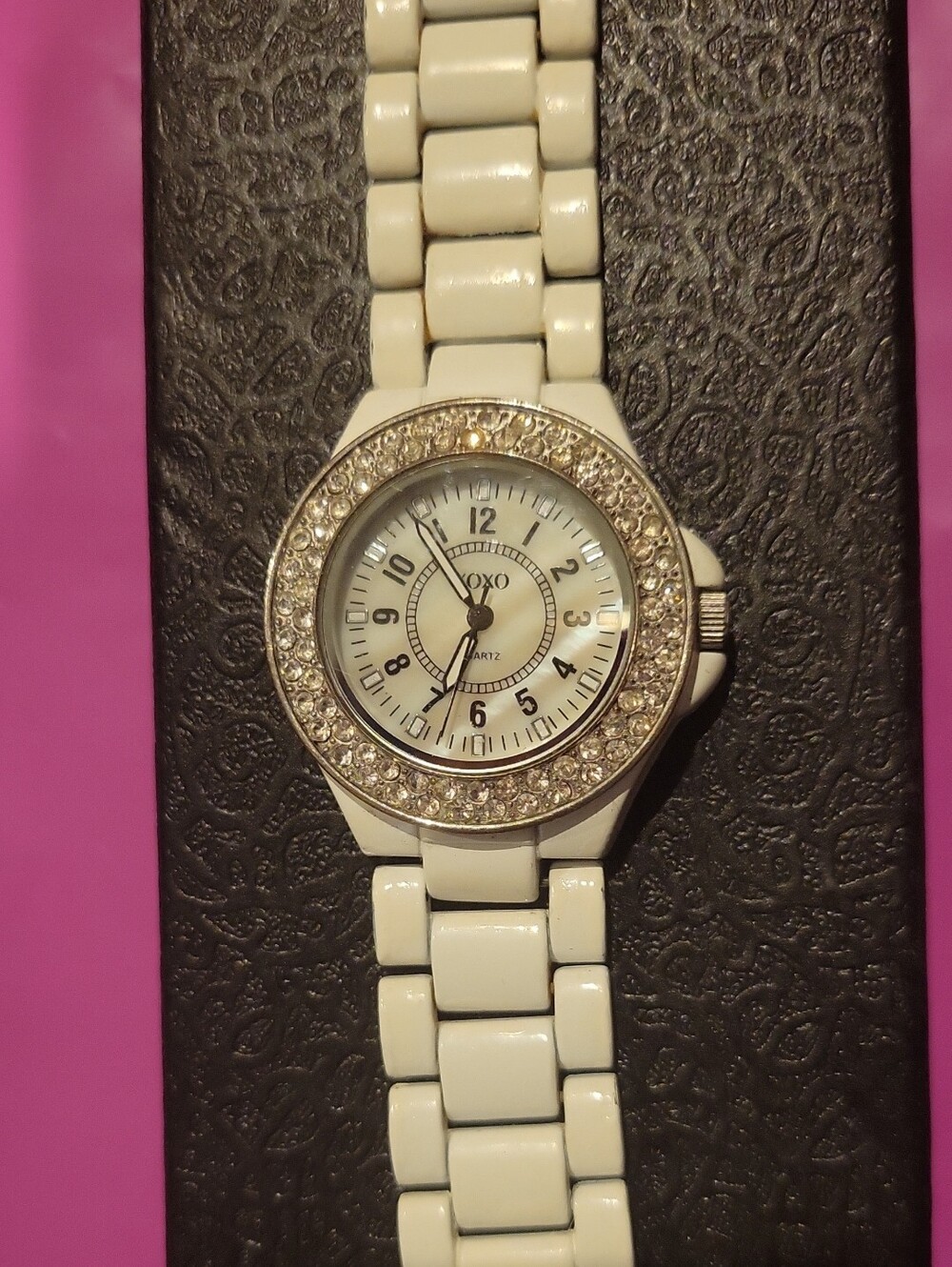 XOXO White Crystal-Accent Ceramic Link Watch